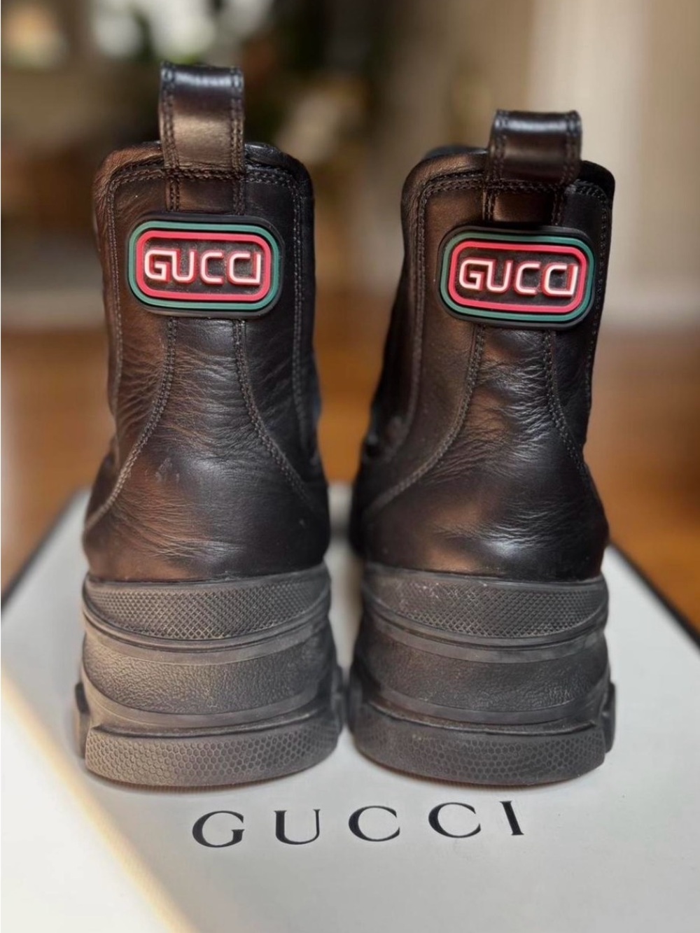 Gucci Black Leather Platform Ankle Boots with Red and Green Logo Patch